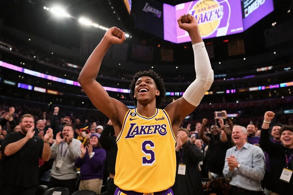 Jaxson Hayes高举双手，与湖人球迷共庆胜利